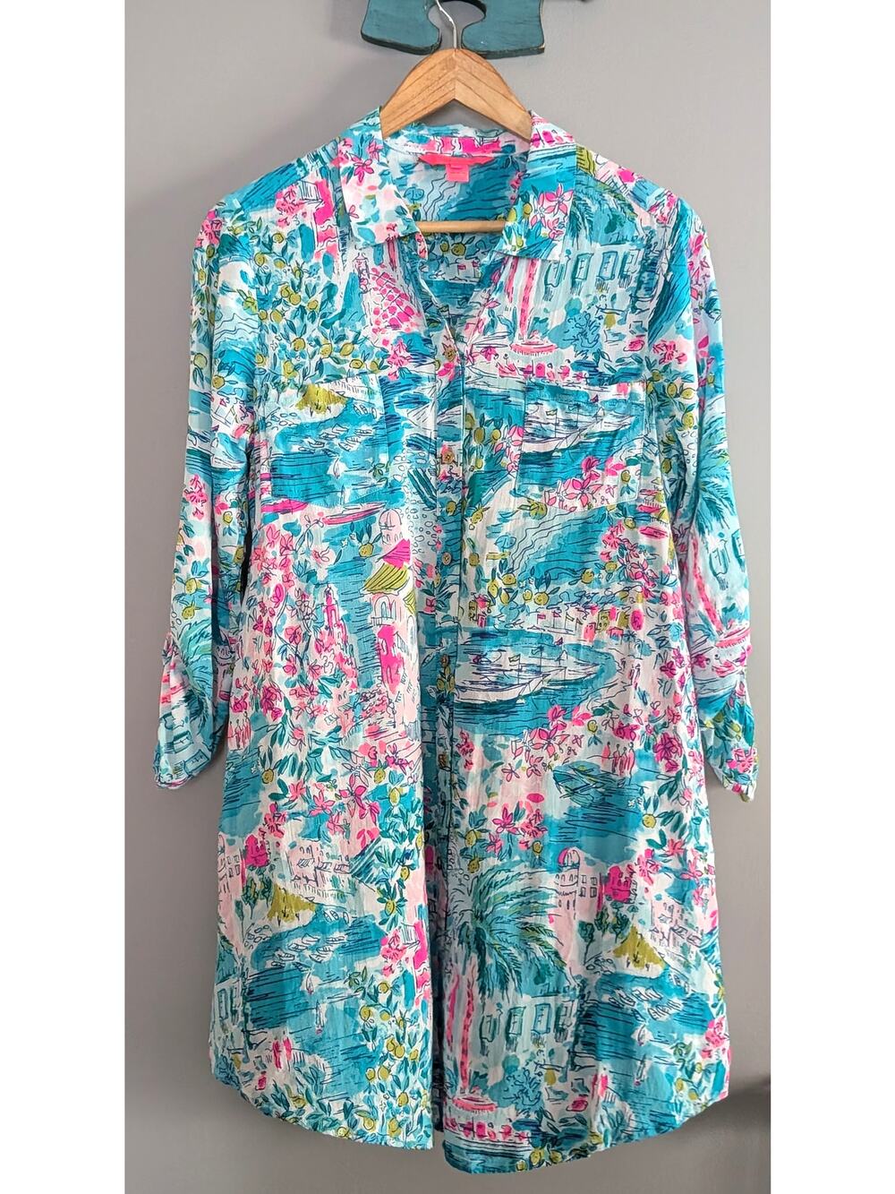 Lilly Pulitzer Rayon Tunic Button Up Multicolor Medium Beach Travel Resort